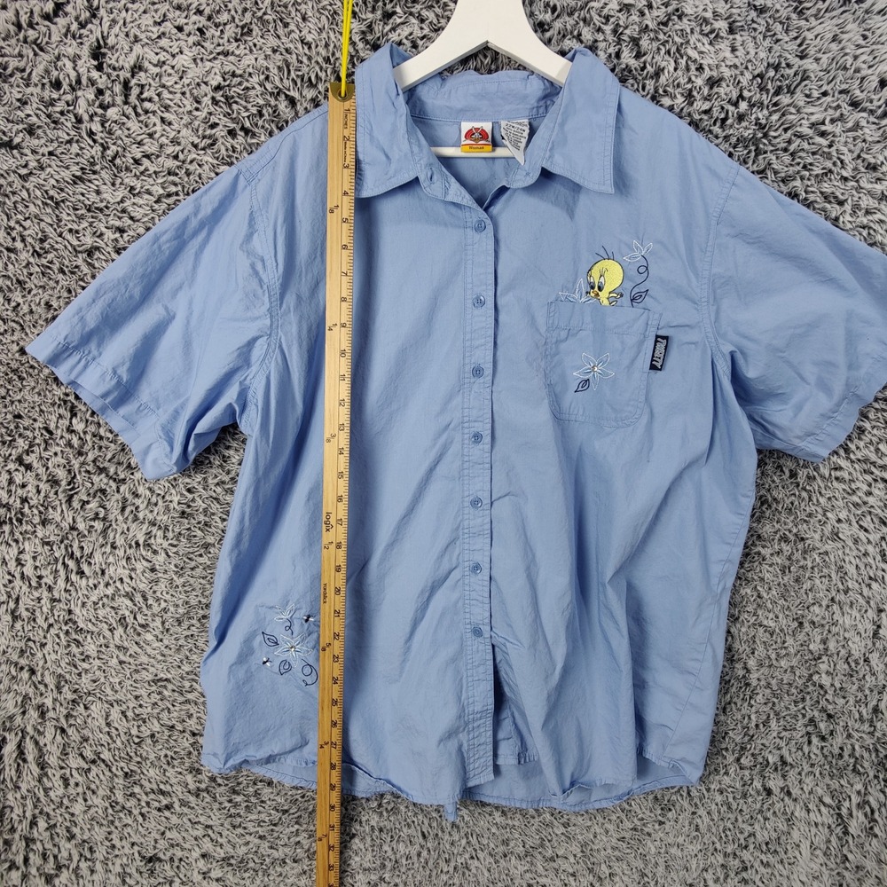 VINTAGE Looney Tunes Tweety Bird Embroidered Button Shirt Womens 24W Blue Cotton - Picture 4 of 11